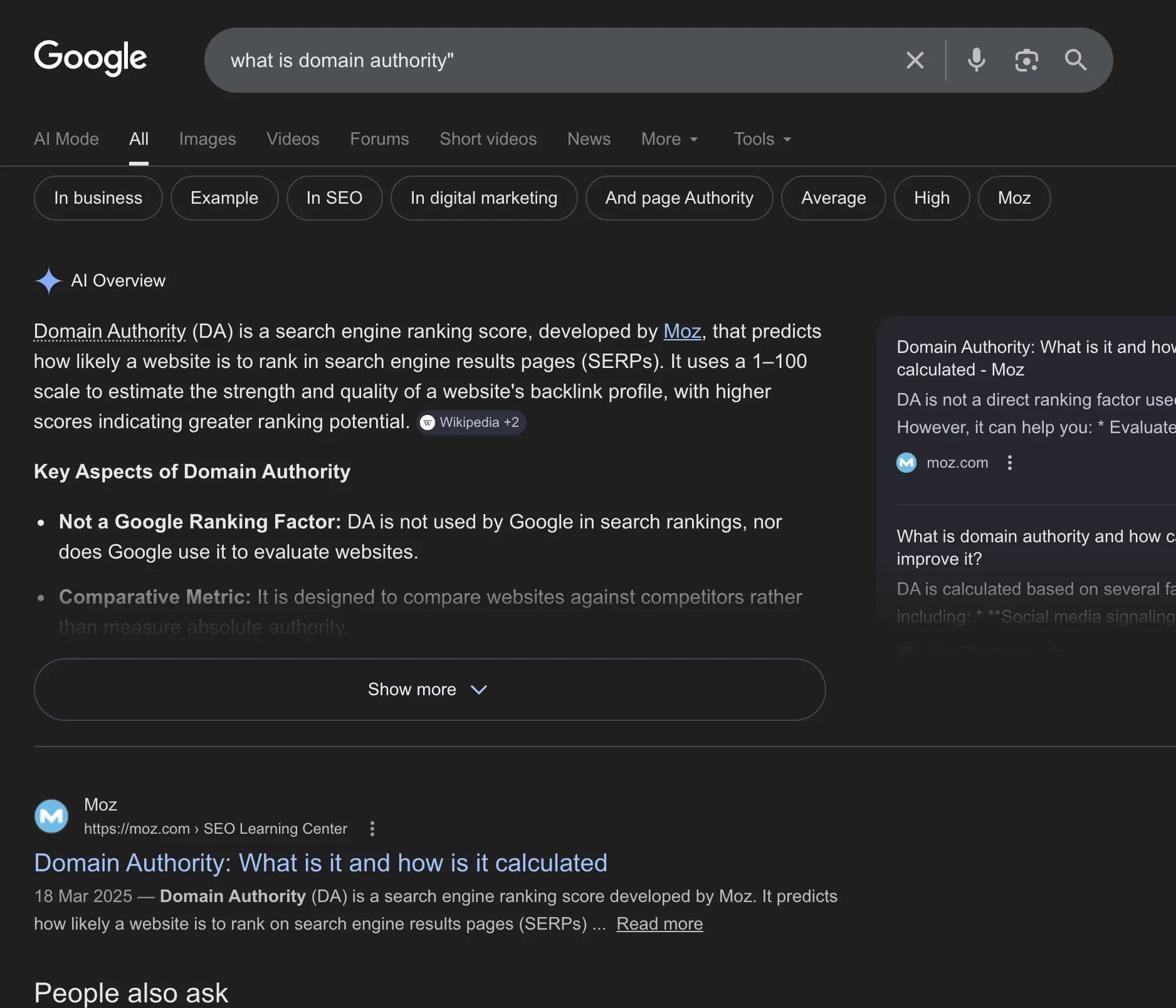 Google AI Overview for the search query "what is domain authority" showing a synthesized definition with Moz cited as a source and a People Also Ask section below.