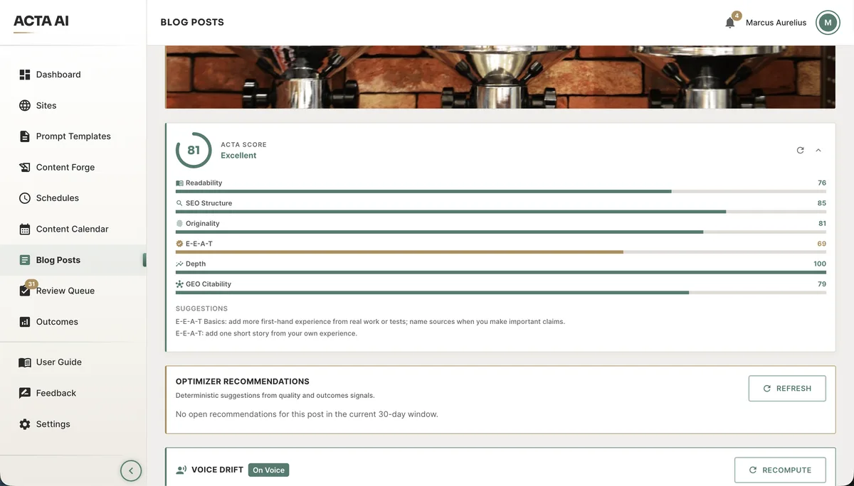 Acta Score dashboard showing 81/100 Excellent rating across six quality dimensions