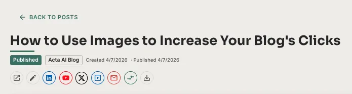 Acta AI post detail showing repurpose buttons for LinkedIn, YouTube, X, email, carousel, and download