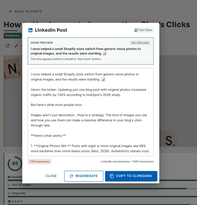 Acta AI LinkedIn post repurposing dialog showing hook preview, character count, and voice matching