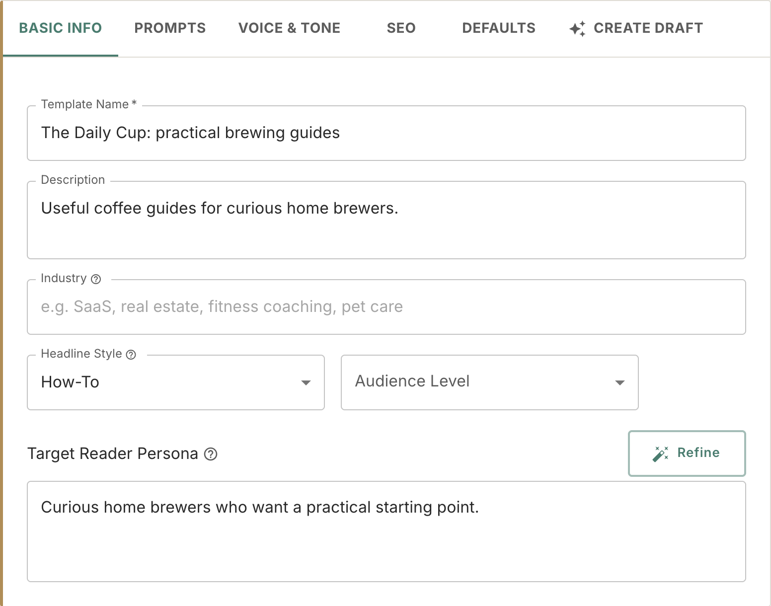 The Basic Info tab of a Daily Cup writing template with its description, how-to headline style, and target reader.