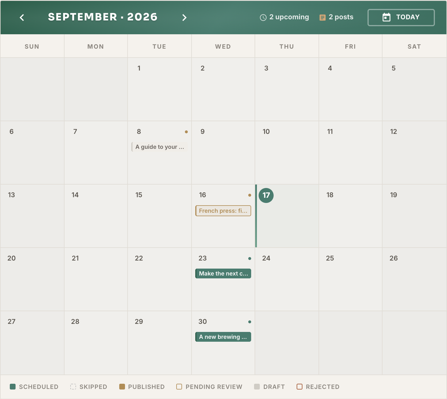 Acta’s example September content calendar shows upcoming coffee articles and their scheduled times.
