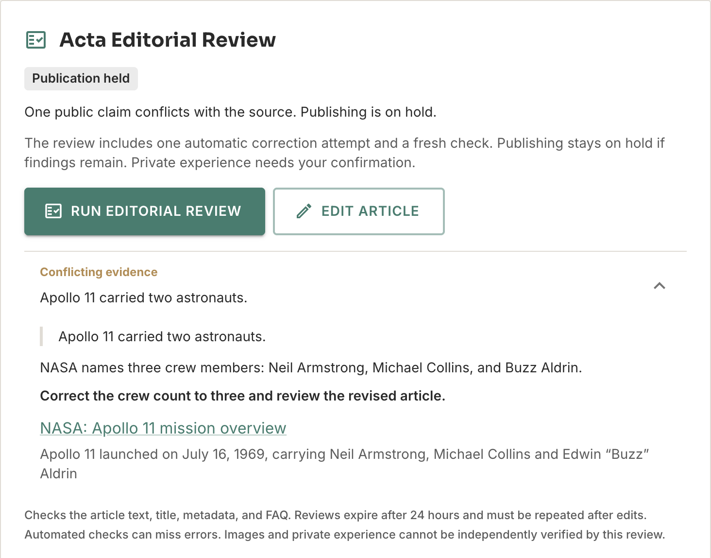 Acta Editorial Review holds an example claim about Apollo 11, showing NASA’s source evidence for three crew members.