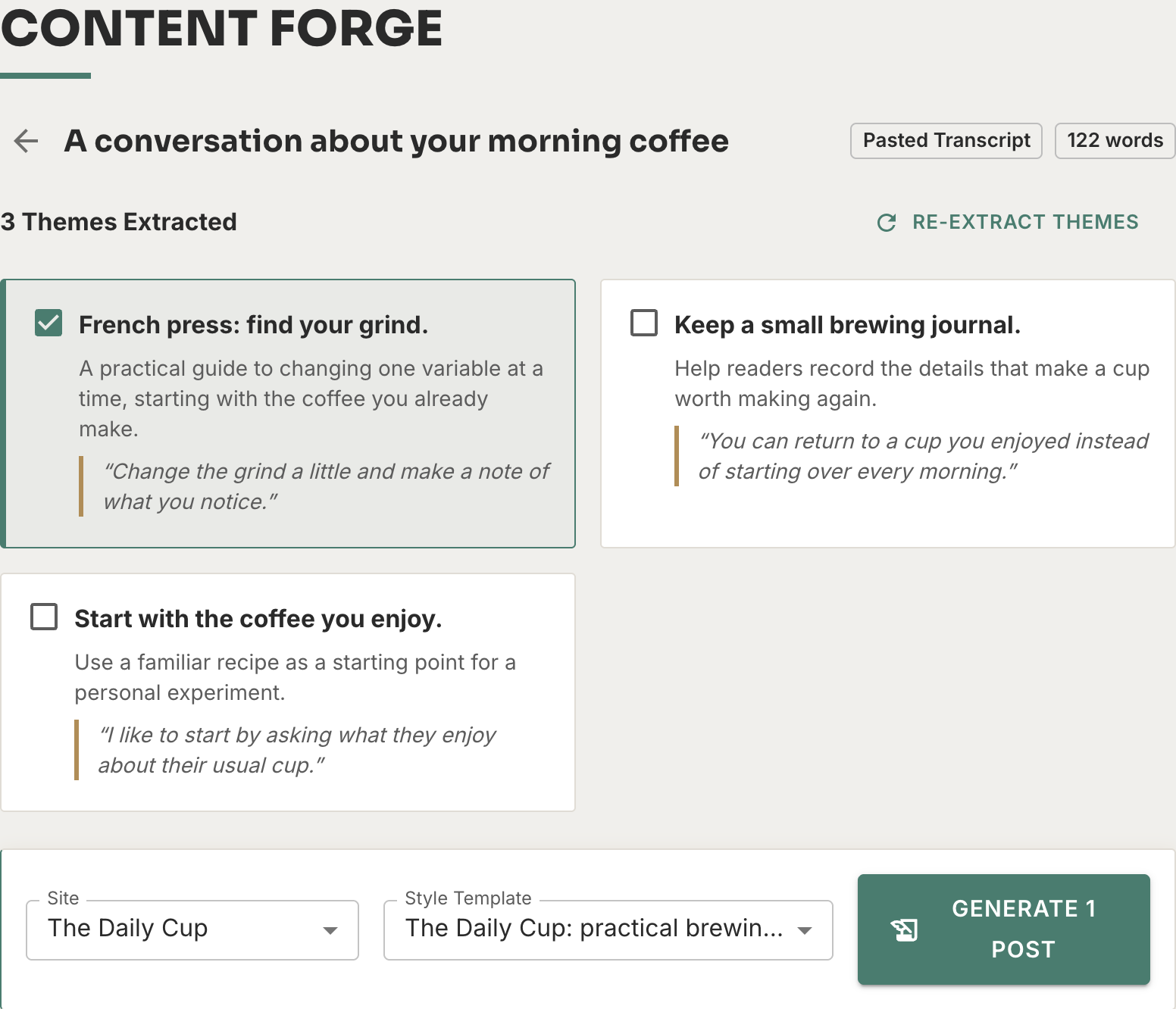 Content Forge shows three example article themes with supporting quotes. One theme, The Daily Cup site, and a writing template are selected.