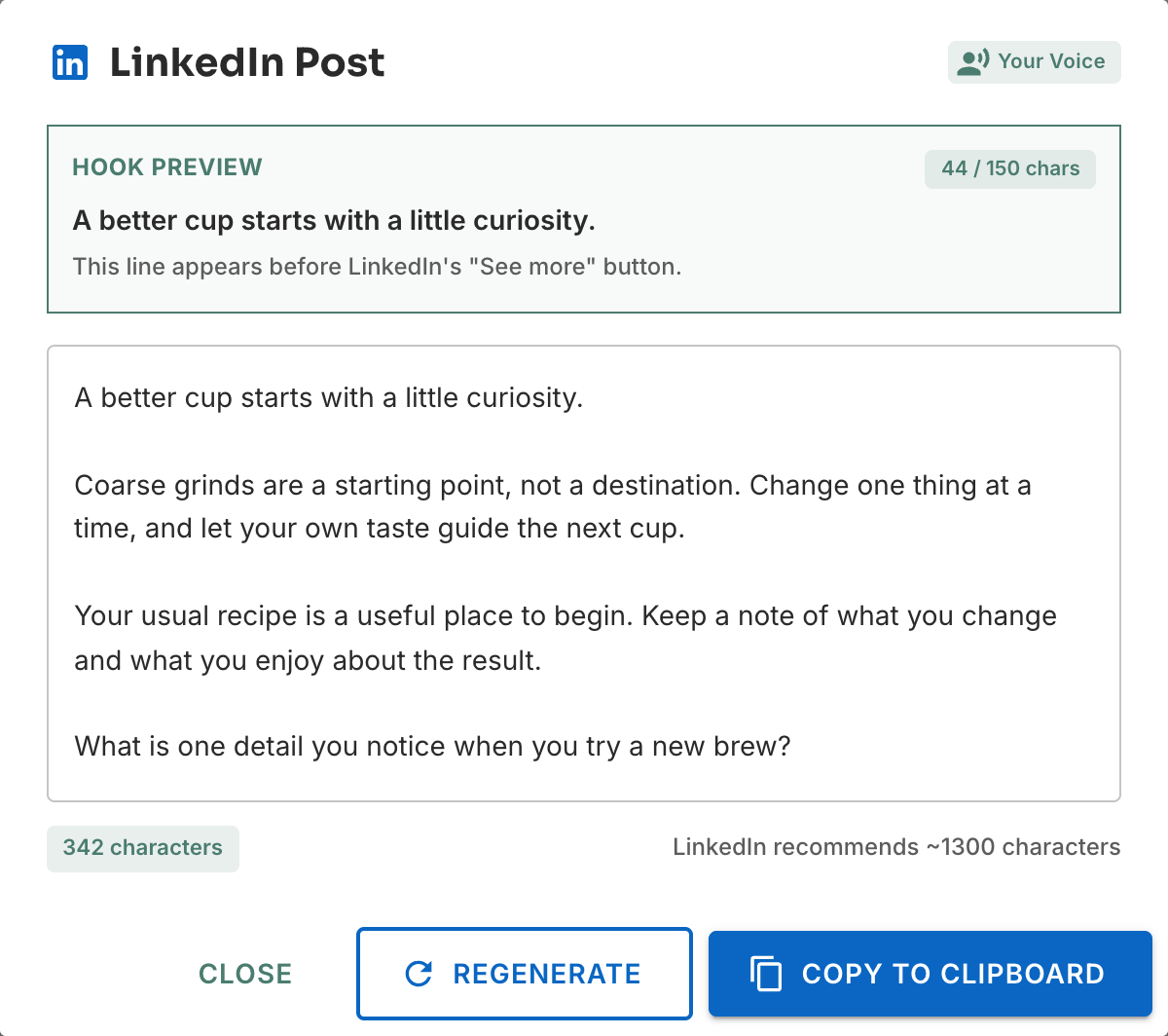 Acta LinkedIn Post dialog with a hook preview, editable post in your voice, character count, and copy button