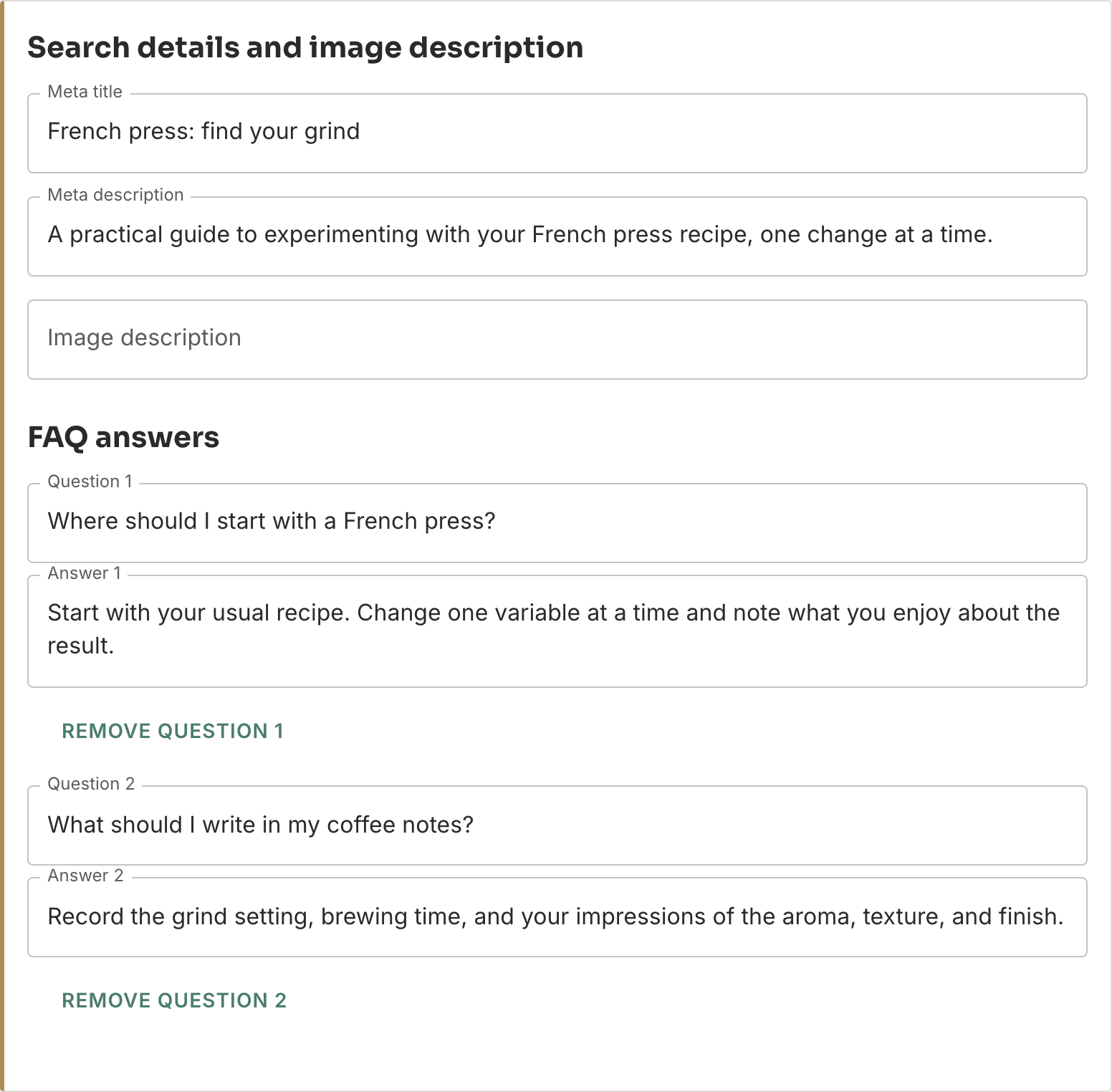 Editable meta title, meta description, image alt text, and two FAQ questions in the Acta article editor.