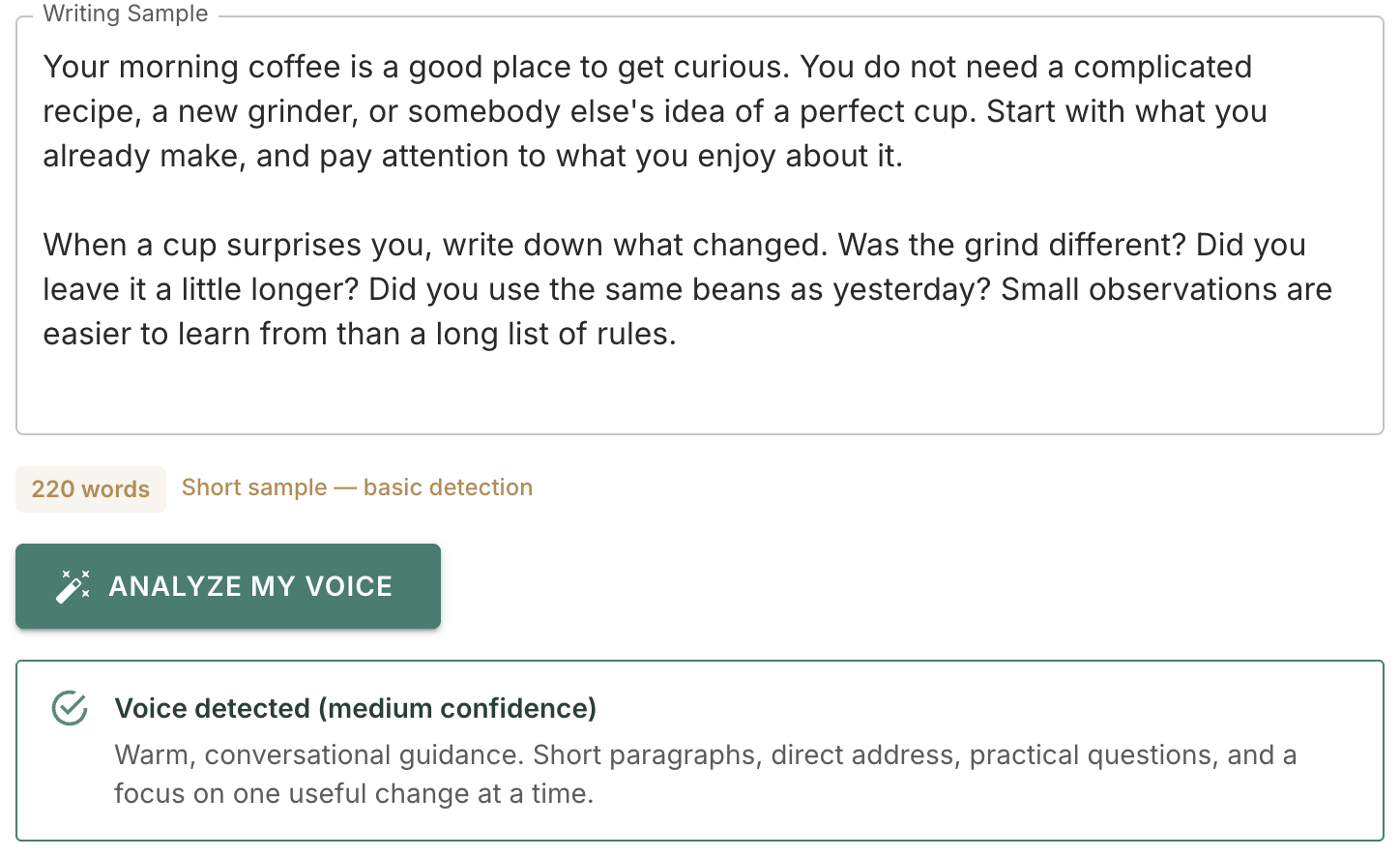 Acta’s voice analysis describes the example sample as warm and conversational, with short paragraphs and direct address.