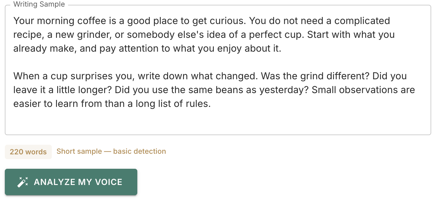 An example writing sample in Acta’s Voice and Tone settings, ready for analysis.