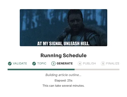 Acta AI content pipeline running in real time showing progress through ten generation stages